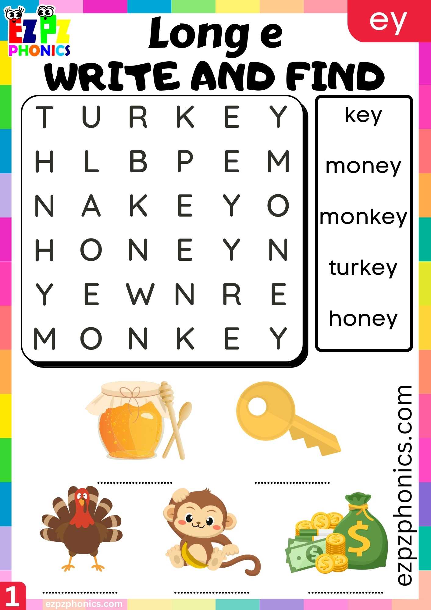 EY Words Write And Find Long E Phonics Worksheet